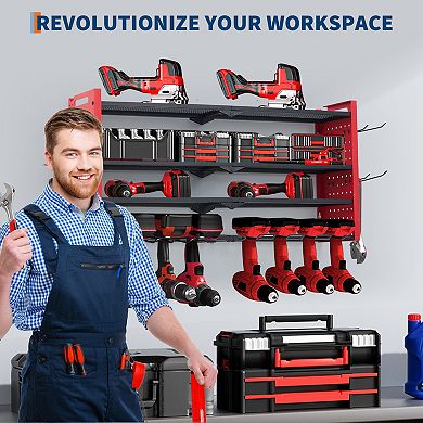 Heavy Duty Wall Mounted Power Tool Organizer Metal Garage Storage Rack, Hooks