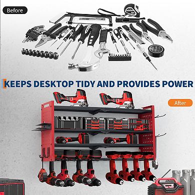 Heavy Duty Wall Mounted Power Tool Organizer Metal Garage Storage Rack, Hooks