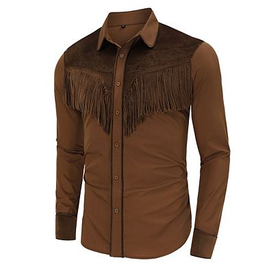 Men's Western Cowboy Fringe Long Sleeve Embroidered Slim Fit Casual Button Down Shirts