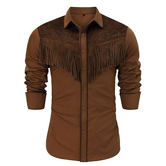 Men's Western Cowboy Fringe Long Sleeve Embroidered Slim Fit Casual Button Down Shirts