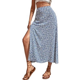 Womens Summer Floral Slit A-Line Boho Midi Skirt High Waist Casual Swing Flowy Long Sun Beach Skirt