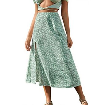 Womens Summer Floral Slit A-Line Boho Midi Skirt High Waist Casual Swing Flowy Long Sun Beach Skirt