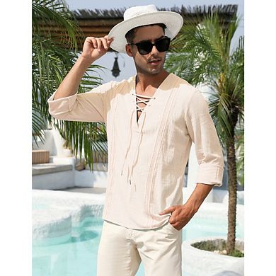 Men's Long Sleeve Beach v-Neck Drawstring Printing Shirt