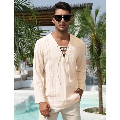 Men's Long Sleeve Beach v-Neck Drawstring Printing Shirt