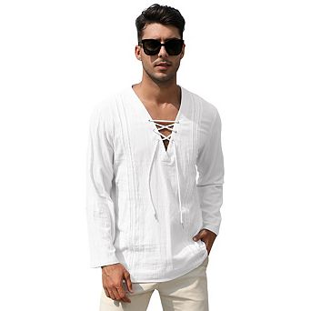Men's Long Sleeve Beach v-Neck Drawstring Printing Shirt