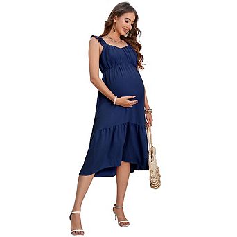 Maternity Ruffle Strap Midi Dress Smocked Back Flowy Ruffle Hem Sundress Casual Daily Summer Dress