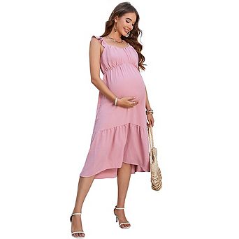 Maternity Ruffle Strap Midi Dress Smocked Back Flowy Ruffle Hem Sundress Casual Daily Summer Dress