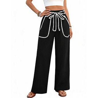 Women's Lace Accent Wide Leg Pants, Elastic Waist Casual Straight Leg Trousers