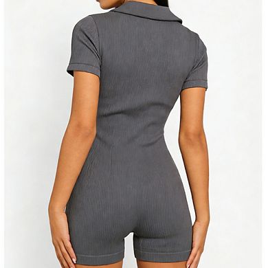 Women Short Sleeve Ribbed Button Front Romper Polo Collar Bodycon Short Jumpsuit