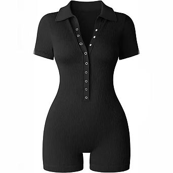 Women Short Sleeve Ribbed Button Front Romper Polo Collar Bodycon Short Jumpsuit