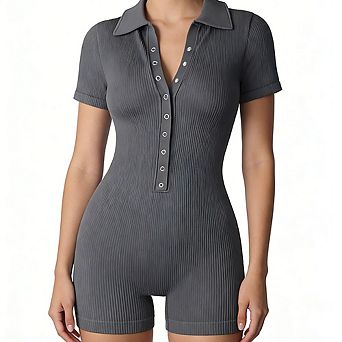 Women Short Sleeve Ribbed Button Front Romper Polo Collar Bodycon Short Jumpsuit