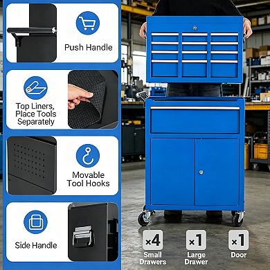 Heavy Duty 5-Drawer Rolling Tool Chest and Cabinet 2-in-1 Detachable Metal Storage Organizer