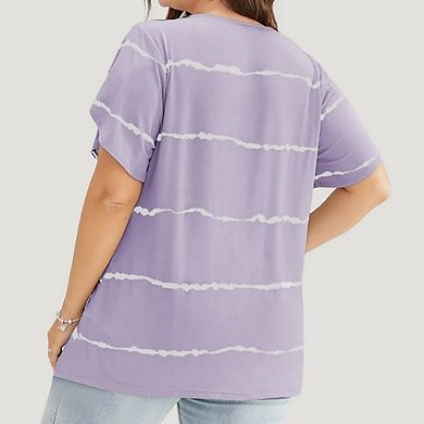 Women's Plus Size V‑Neck Striped Top Casual Short Sleeve Summer Tee