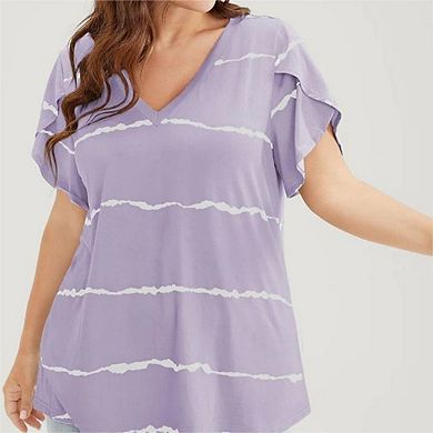 Women's Plus Size V‑Neck Striped Top Casual Short Sleeve Summer Tee