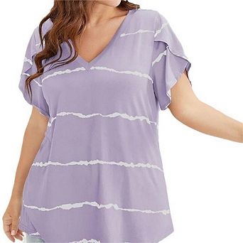 Women's Plus Size V‑Neck Striped Top Casual Short Sleeve Summer Tee