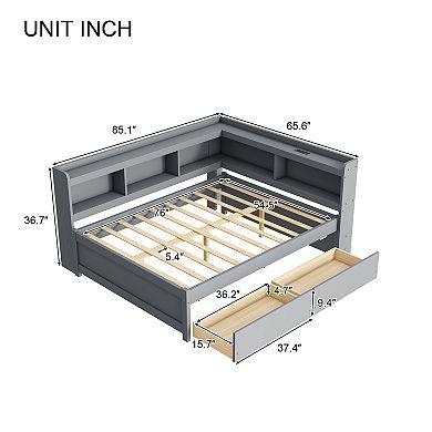 Sailvan Full Size L-shaped Bookcases Bed with Power Outlets, USB Charging Ports,Two Drawers