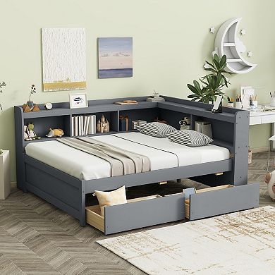 Sailvan Full Size L-shaped Bookcases Bed with Power Outlets, USB Charging Ports,Two Drawers
