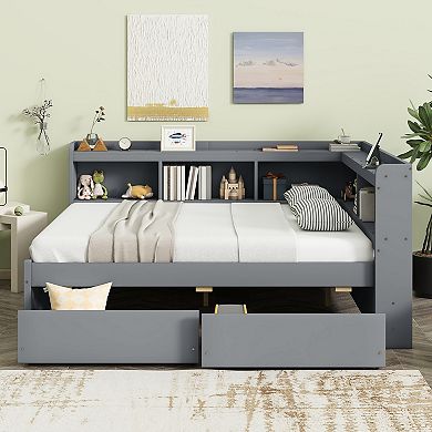Sailvan Full Size L-shaped Bookcases Bed with Power Outlets, USB Charging Ports,Two Drawers