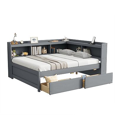Sailvan Full Size L-shaped Bookcases Bed with Power Outlets, USB Charging Ports,Two Drawers