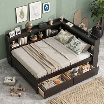 Sailvan Full Size L-shaped Bookcases Bed with Power Outlets, USB Charging Ports,Two Drawers