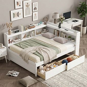 Sailvan Full Size L-shaped Bookcases Bed with Power Outlets, USB Charging Ports,Two Drawers