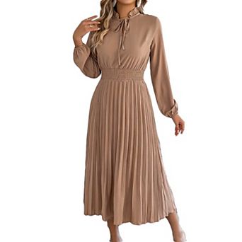 Women's Tie Neck Long Sleeve Dress, Smocked Waist Pleated Maxi Dress for Spring Summer