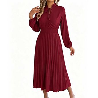 Women's Tie Neck Long Sleeve Dress, Smocked Waist Pleated Maxi Dress for Spring Summer