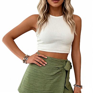Women's Textured Wrap Skort, Asymmetric Tie Waist Casual Vacation Shorts