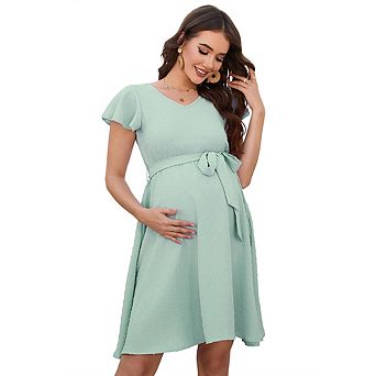 Maternity V Neck Ruffle Short Sleeve Swiss Dot Casual A Line Knee Length Belted Flowy Midi Dresses