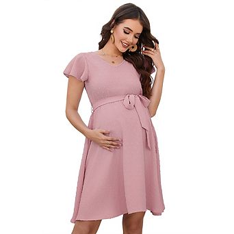 Maternity V Neck Ruffle Short Sleeve Swiss Dot Casual A Line Knee Length Belted Flowy Midi Dresses