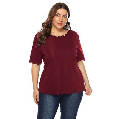 Women's Plus Size Short Sleeve Top Wavy Collar, Loose Solid Summer Blouse