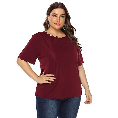 Women's Plus Size Short Sleeve Top Wavy Collar, Loose Solid Summer Blouse