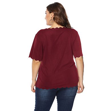 Women's Plus Size Short Sleeve Top Wavy Collar, Loose Solid Summer Blouse