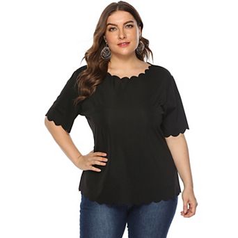 Women's Plus Size Short Sleeve Top Wavy Collar, Loose Solid Summer Blouse