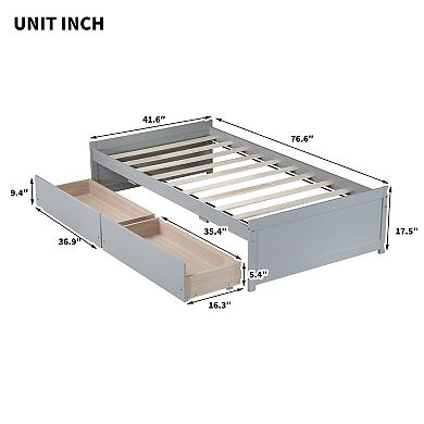 Sailvan Twin Size Bed with 2 Drawers, Solid Rubber Wood Bed
