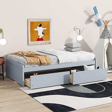 Sailvan Twin Size Bed with 2 Drawers, Solid Rubber Wood Bed