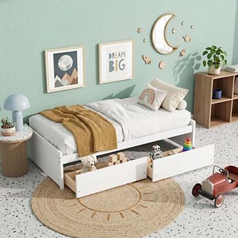 Sailvan Twin Size Bed with 2 Drawers, Solid Rubber Wood Bed