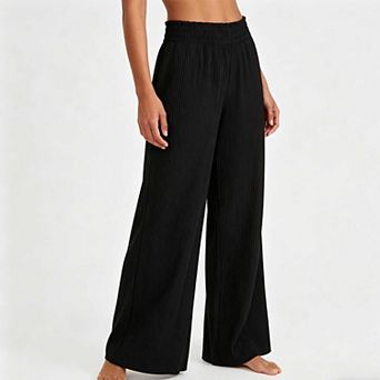 Women's Ribbed High Waist Pants, Elastic Waist Straight Leg Casual Trousers
