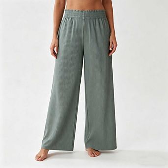 Women's Ribbed High Waist Pants, Elastic Waist Straight Leg Casual Trousers