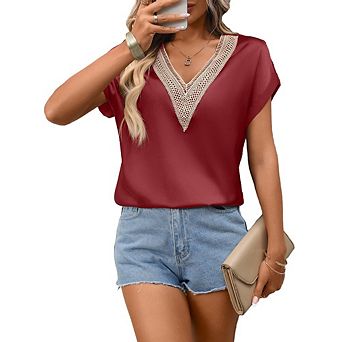 Womens Satin T Shirts Lace V Neck Cap Sleeve Summer Blouse Dressy Casual Loose Fit Tops