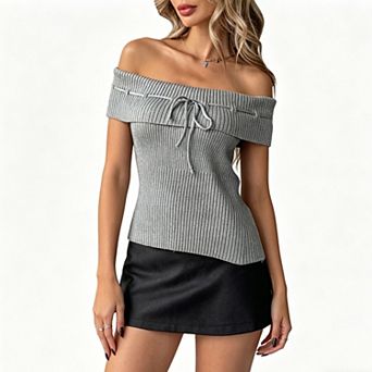 Women's Off Shoulder Ribbed Knit Top, Drawstring Ruched Form Fitting Crop Blouse