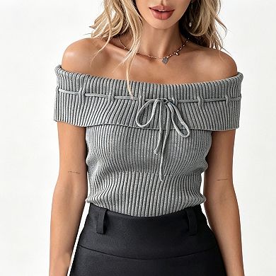 Women's Off Shoulder Ribbed Knit Top, Drawstring Ruched Form Fitting Crop Blouse