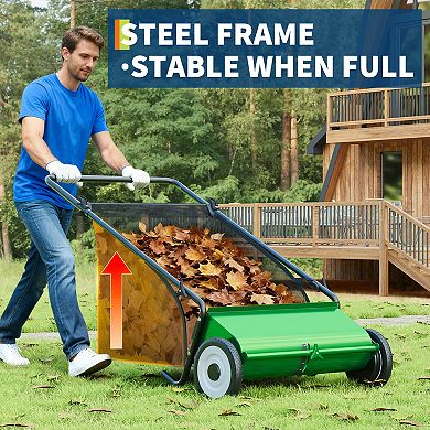26" Lawn Sweeper, Heavy-Duty Frame, 7 Cu.Ft. 4 Brushes, Adjustable Height for Leaf Grass Debris