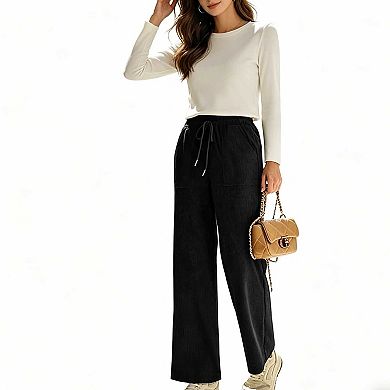 Women's High Waist Corduroy Trousers, Drawstring Loose Wide Leg Pants with Pockets