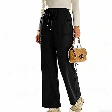 Women's High Waist Corduroy Trousers, Drawstring Loose Wide Leg Pants with Pockets