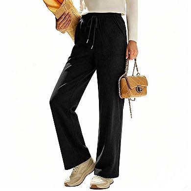 Women's High Waist Corduroy Trousers, Drawstring Loose Wide Leg Pants with Pockets