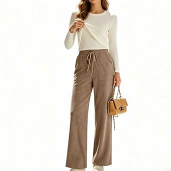 Women's High Waist Corduroy Trousers, Drawstring Loose Wide Leg Pants with Pockets