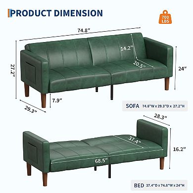 PU Leather Futon Sofa Bed, Adjustable Backrest & Side Pockets, Space-Saving Loveseat for Small Space