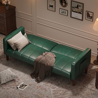 PU Leather Futon Sofa Bed, Adjustable Backrest & Side Pockets, Space-Saving Loveseat for Small Space