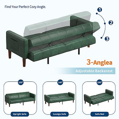 PU Leather Futon Sofa Bed, Adjustable Backrest & Side Pockets, Space-Saving Loveseat for Small Space